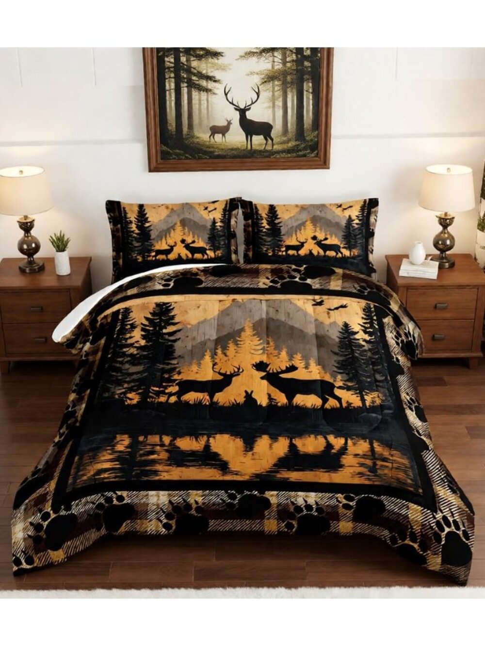 Retro Rustic Farmhouse Bedding Sets Twin Size,Hunting Themed Deer Bear Comforter